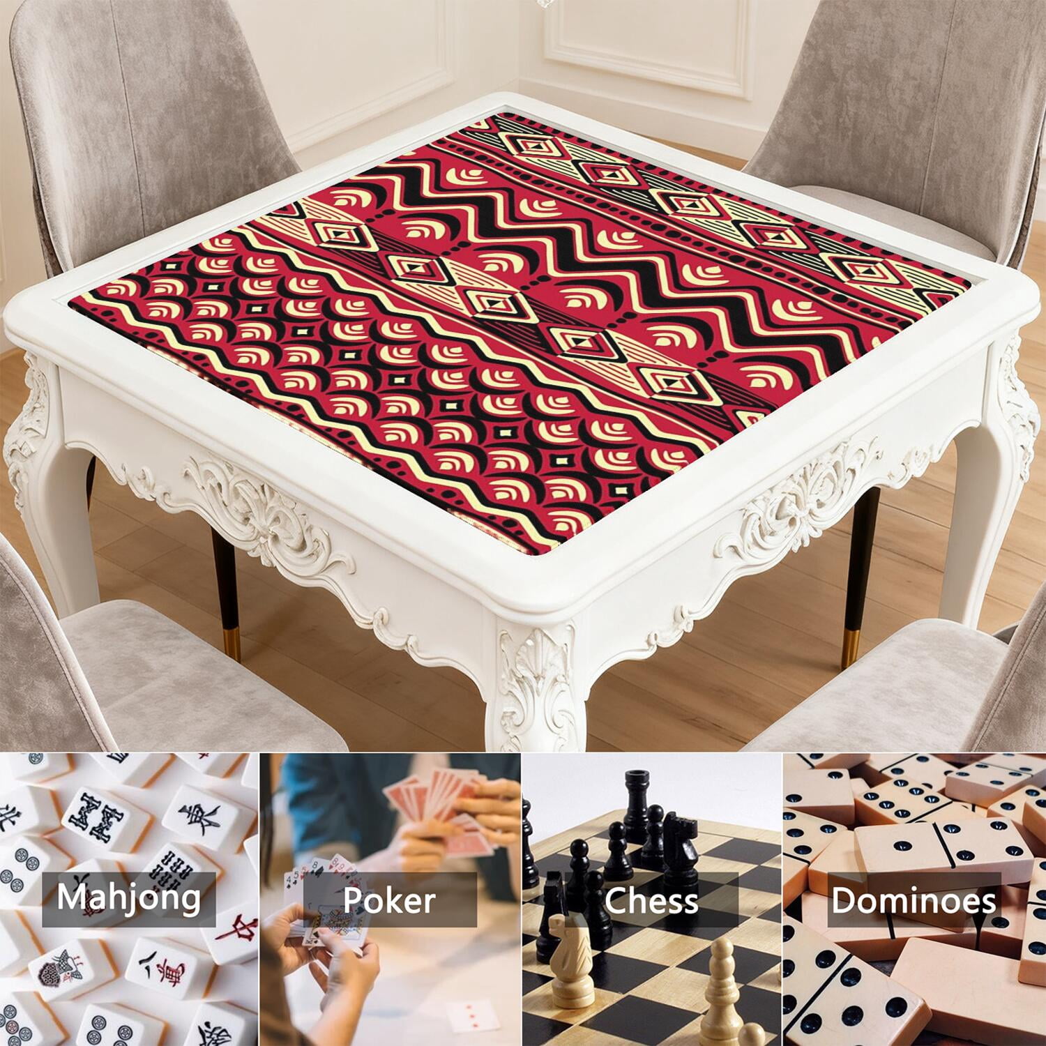 Boho Design Multi-Purpose Rubber Pad for Game Tables 31.5x31.5 Inch Large Mahjong Mat with Anti-Slip Grip and Quiet Surface for Tiles and Cards