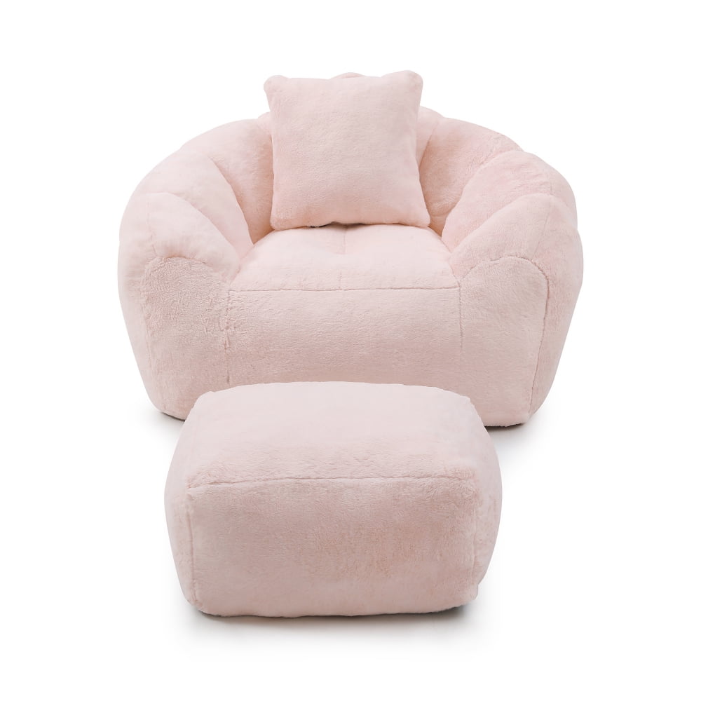 Giant Oversized Bean Bag Chair with Footstool - Faux Fur Shell-Shaped, Pre-Filled for Adults & Kids, Floor Sofa for Gaming, Reading, Living Room & Bedroom