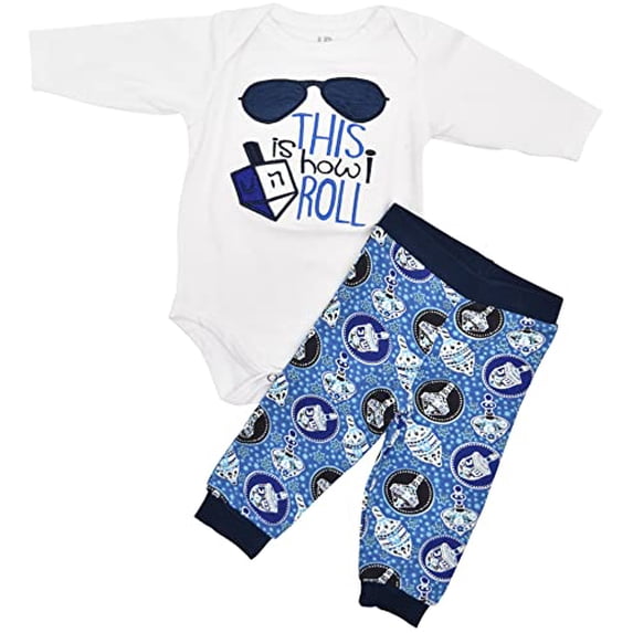 Unique Baby Boys Hanukkah Dreidel How I Roll Outfit Layette Set (9M, White)