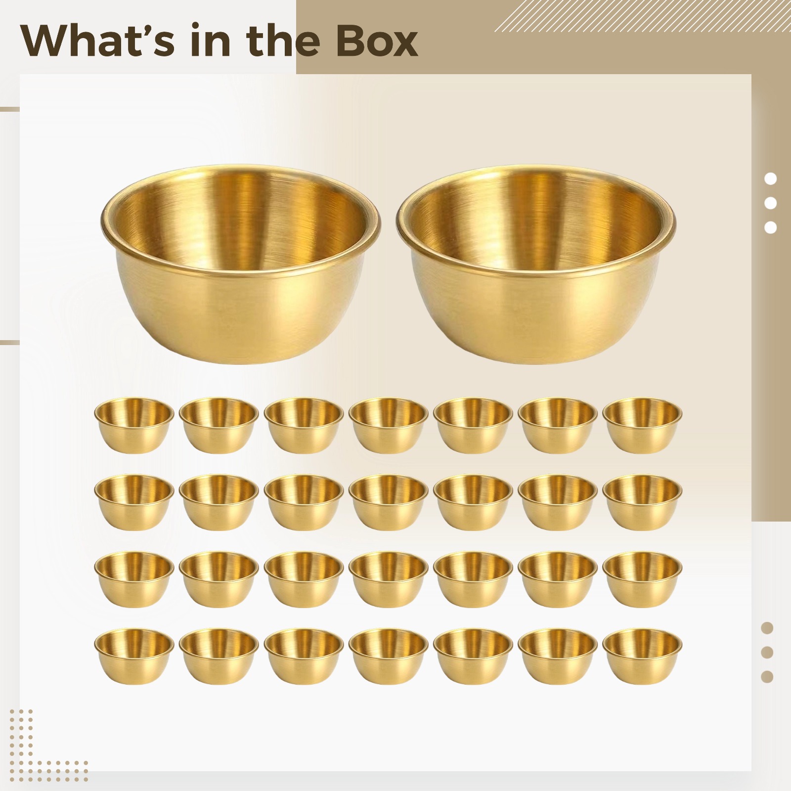 30 Pcs Stainless Steel Dipping Bowls, Mini Sauce Bowls, 2.4 in / 6 cm Gold Seasoning Dishes Set, 2.1 fl oz 60 ml Sauce Dishes, Longevity & Stackable for Kitchen, Restaurant Use