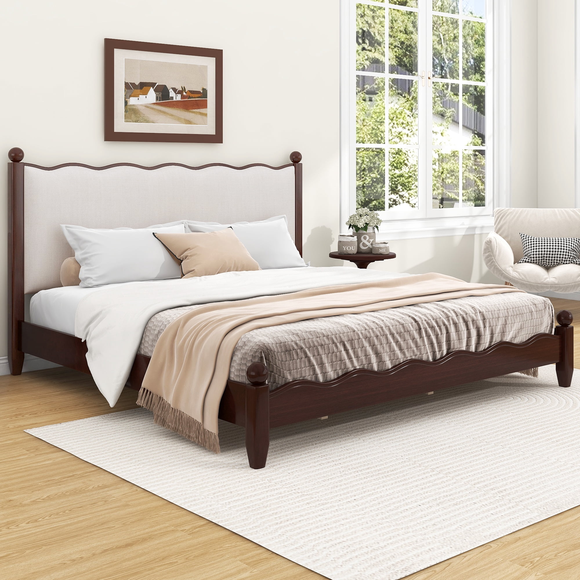 Euroco Wood King Size Wood Platform Bed with Upholstery Headboard, Espresso