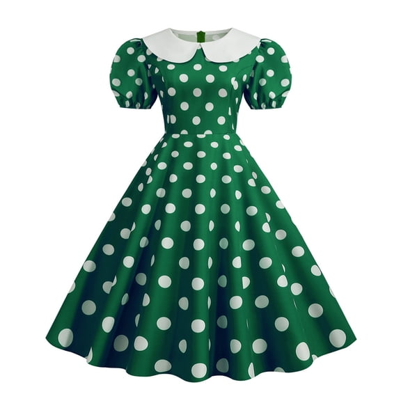 Quixlent Women Party Dress Vinatge Big Hem Contrast Color Dot Print High Waist Back Zipper Short Bubble Sleeve Doll Collar 50s 60s Prom Wedding Princess Dress