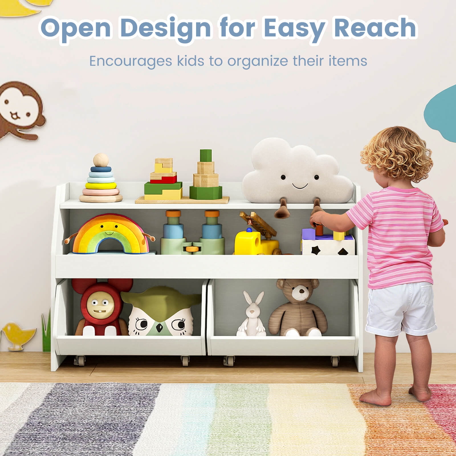 Costway Kids Toy Storage Organizer with 2 Movable Drawers Open Shelf Compartment for Kids White