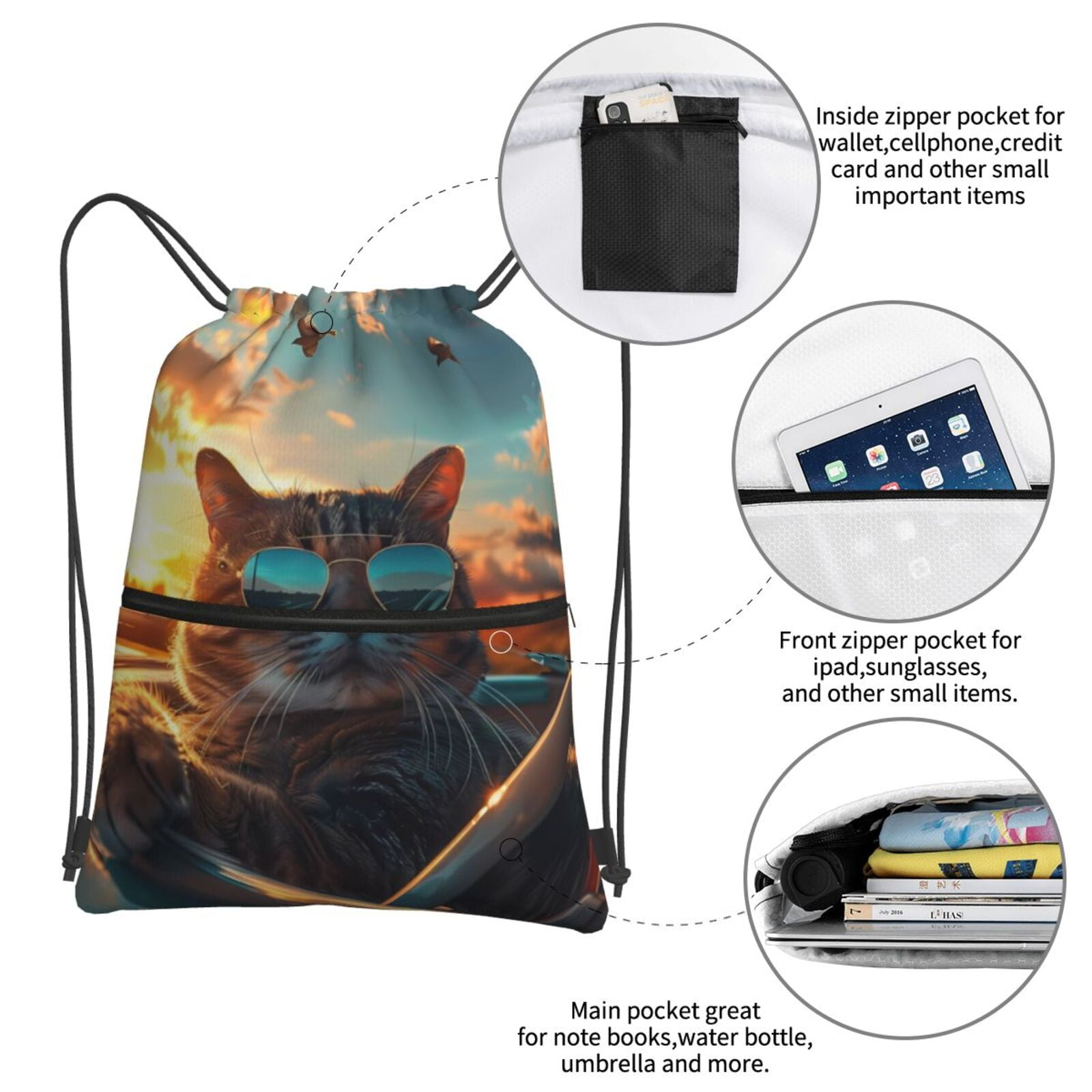 Xecao Cool Cat Driving Sunset for Drawstring Bags,Pull String Backpack Bags,String Bag Sackpack