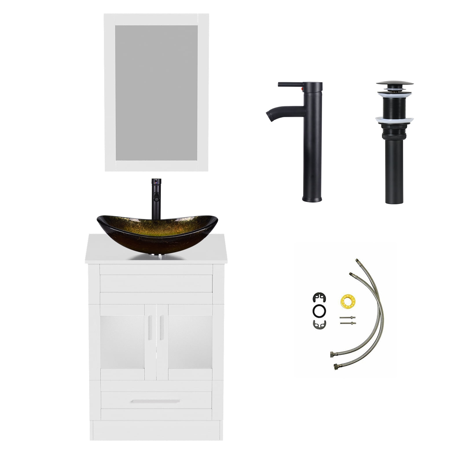 ELECWISH 24-Inch Bathroom Vanity in White with Mirror and Vessel Sink Set, Modern Stand Pedestal Cabinet with Glass Sink Set