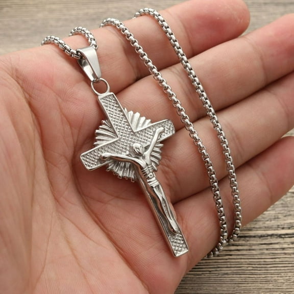 Jesus Cross Pendant Necklace Gold Chain 14K Yellow Gold Hollow Religious Cross Pendants & Necklaces for Men Jewelry