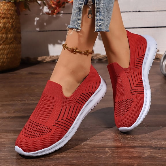 Womens Low Top Slip On Flying Woven Casual Sneakers, Breathable Soft Sole Walking Shoes, Daily Comfort Flat Footwear Red 43