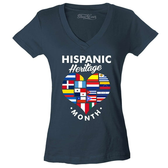 Shop4Ever Women's Hispanic Heritage Month Flag Heart Slim Fit V-Neck T-Shirt Large Charcoal
