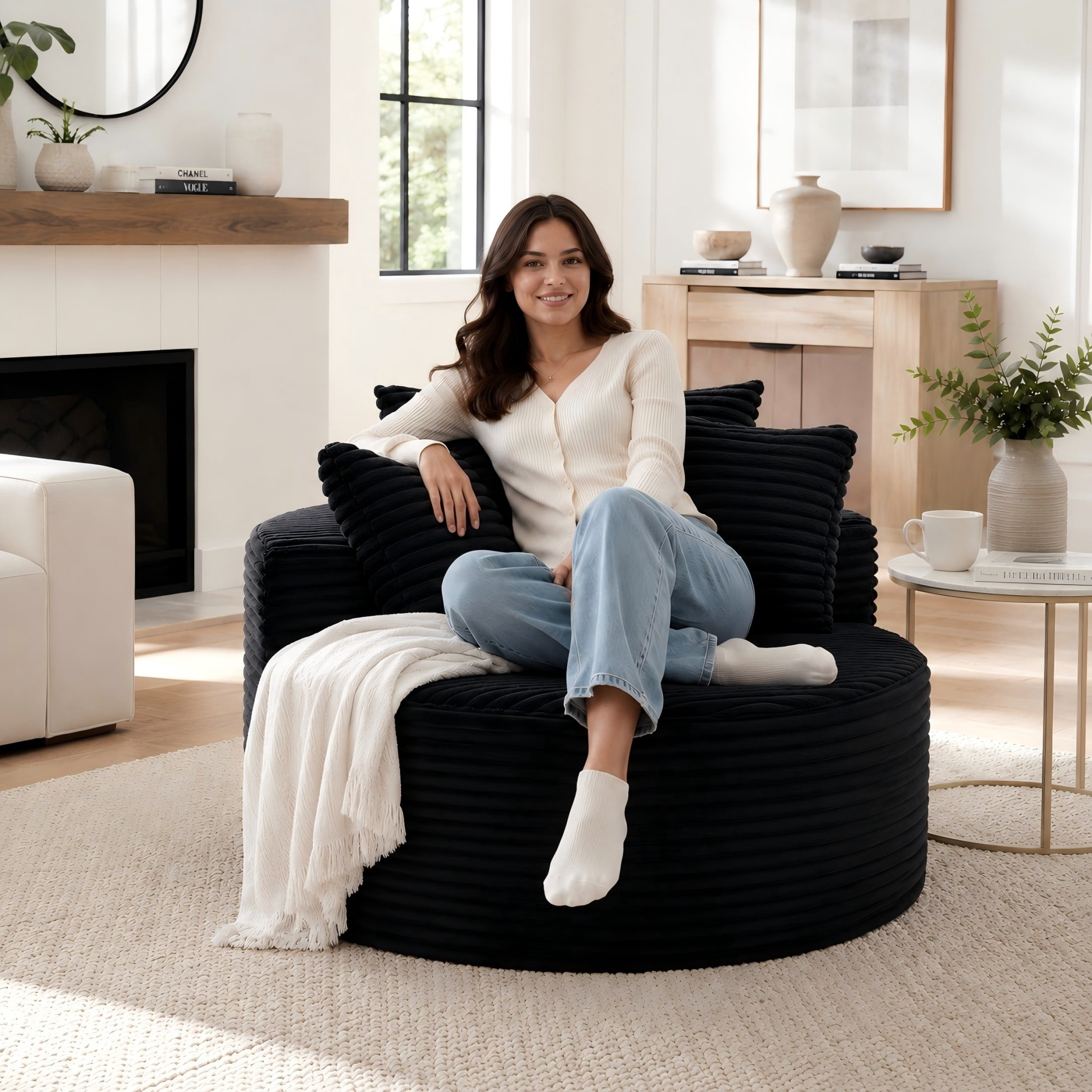 Aukfa 43" Oversized Round Chair with 3 Pillows, Corduroy Cloud Lounge Sofa Chair for Living Room/Bedroom, Black