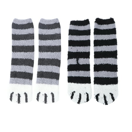 

2 Pair Thicken Coral Fleece Middle Tube Cat s Claws Pattern Socks Warm Floor Socks Fluffy Sleep Bed Socks (Stripes Black Stripes Grey)