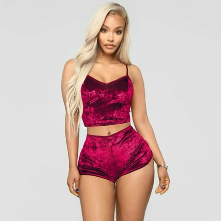 

DENGDENG Women Sexy Velvet Cami Top V Neck Lingerie Set Sleeveless Sleepwear