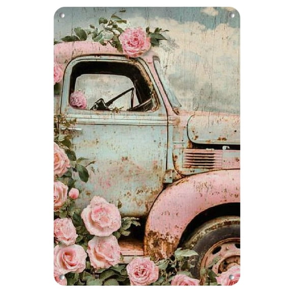 Vintage Pink Truck & Floral Iron Sign - 8x12 Rustic Metal Wall Art, Distressed Finish, Ideal for Patio & Country Dining Room Decor, Nostalgic Outdoor Ambiance Enhancer, Nostalgic Home Decor
