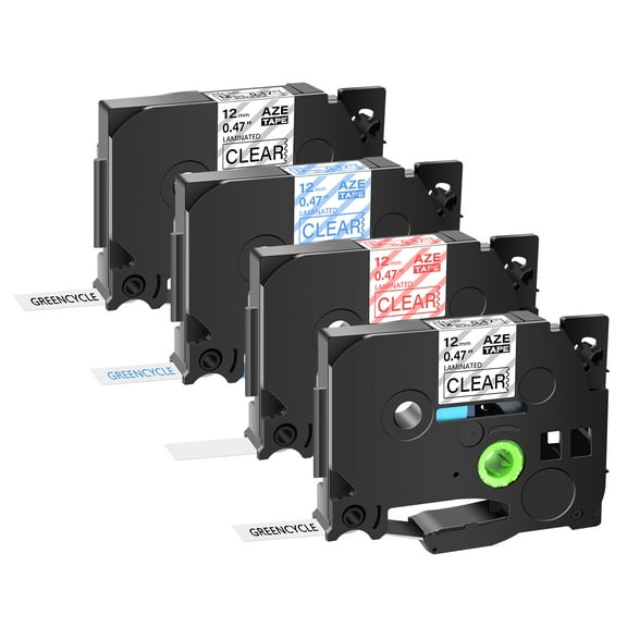 GREENCYCLE 4PK 12mm 8m Black/Red/Blue/White on Clear Laminated Label Tape Compatible for Brother TZ TZe TZe-131 TZ131 TZe-132 TZ132 TZe-133 TZ133 TZe-135 TZ135 P-touch Printer