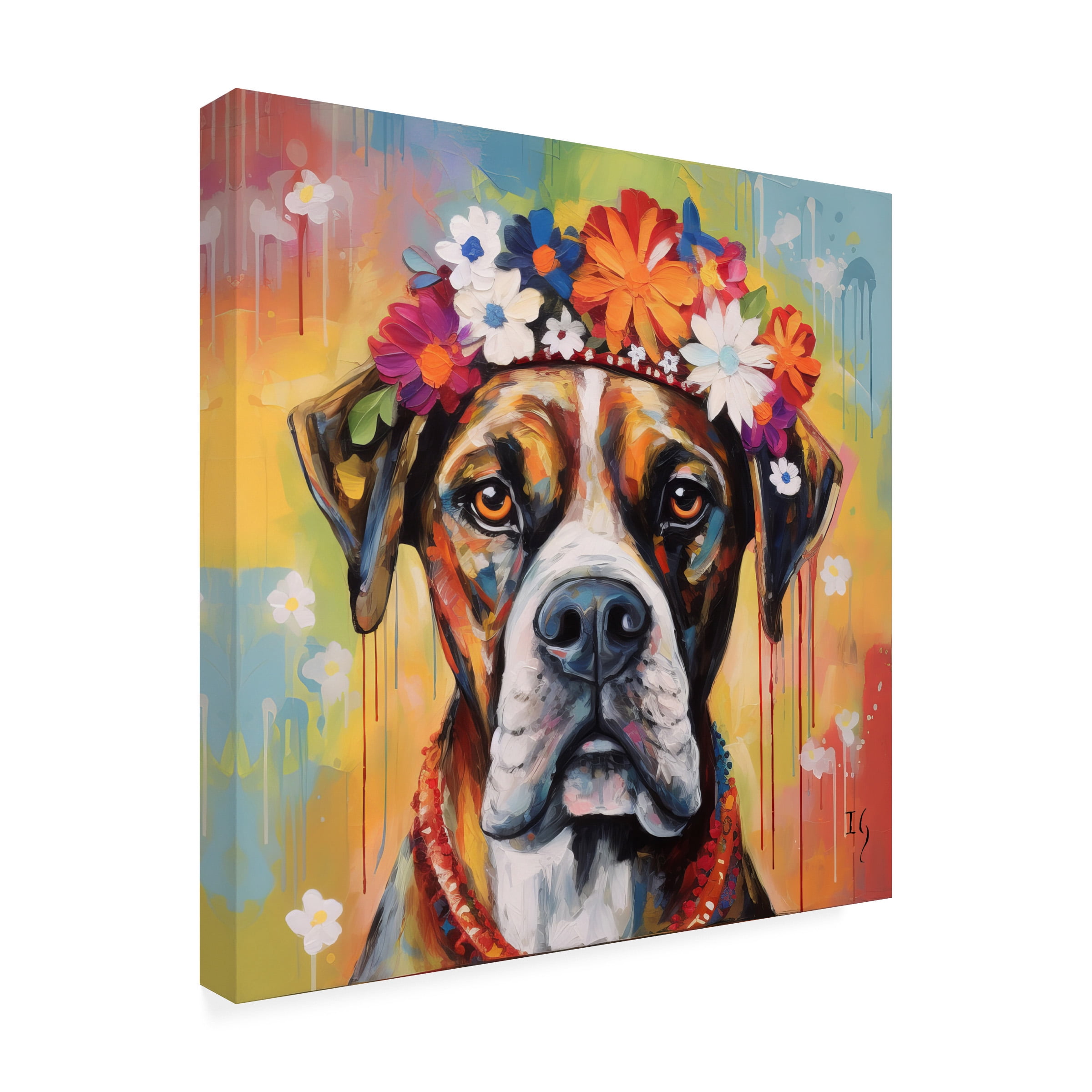Canvas Wall Art - Ivan Guaderrama 'Daisy Crowned Boxer' Wall Art for Living Room, Bedroom, or Office Décor by Trademark Fine Art - 18 x 18 Inches