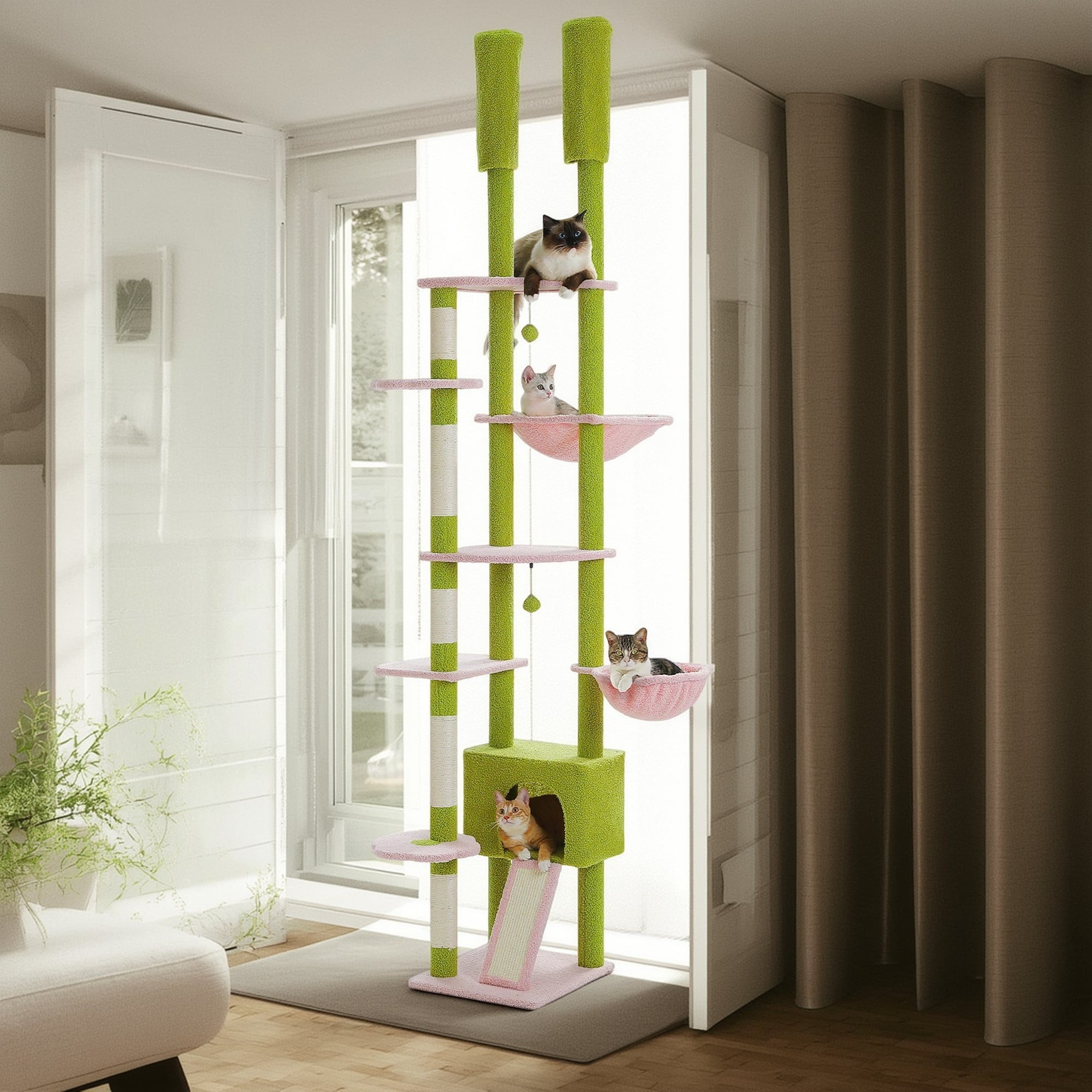 Pefilos Floor to Ceiling Cat Tree Tower Ajustable Height (90.5''~100.4'') 6 Tiers Cactus Cat Tree House with Cat Condo Hammock and Sisal Covered Post for Indoor Cats, Light Green