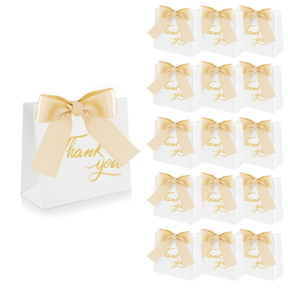 24 Pcs Small Thank You Gift Bags, Mini Party Favor Bag Treat Box with Bow Ribbon, White Paper Gift Bags Bulk for Wedding, Birthday, Bridal Shower, Baby Shower (4.5x1.8x4 Inch)