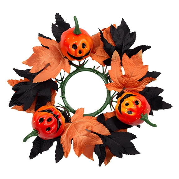 1Pc 10.64" Halloween Candle Ring, Artificial Jack O Lantern Pumpkin Maple Leaf Wreath for Pillar Candles, Spooky Holiday Table Centerpiece Decor