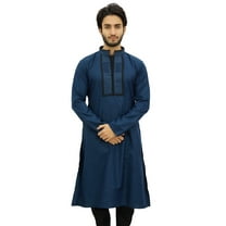 Atasi Men's Blue Designer Kurta Pyjama Set Long Cotton Punjabi Shirt-Small