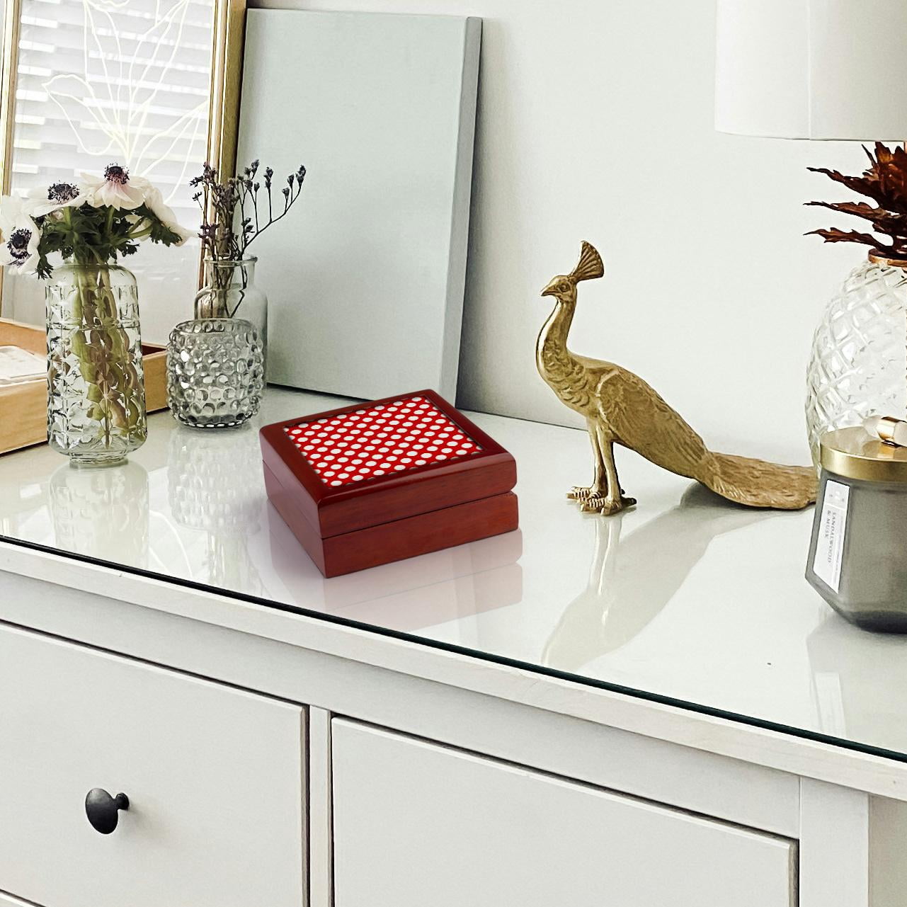 3dRose, Large White Polka Dots On A Red Background, Jewelry Box 5.5x5.5 inch with 4 inch tile