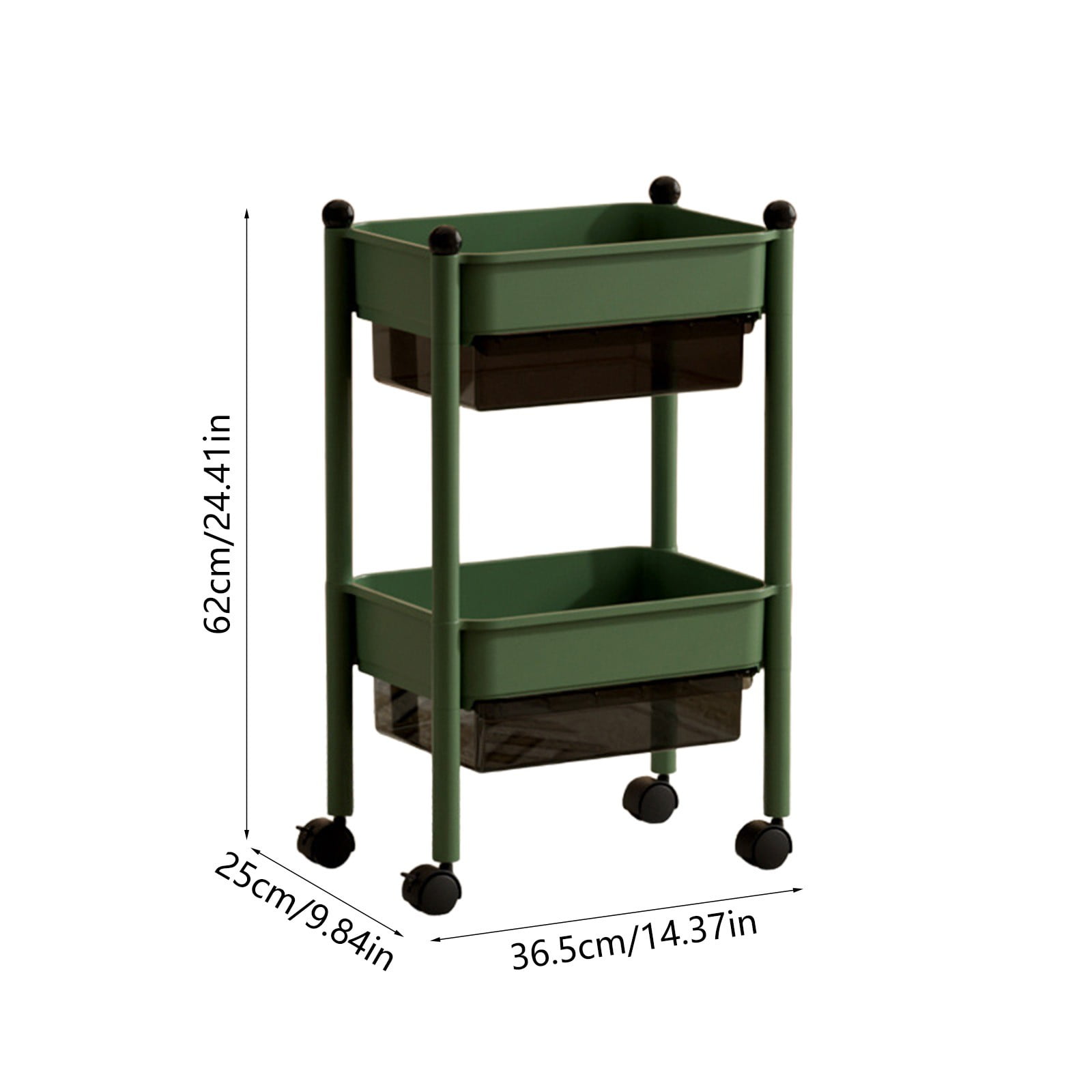 Tupukom 2-Tier Rolling Carts with Wheels Rolling Cart Organizer with Wheels & Reinforced Handle Lightweight Utility Cart for Room Office Kitchen Bathroom,Green