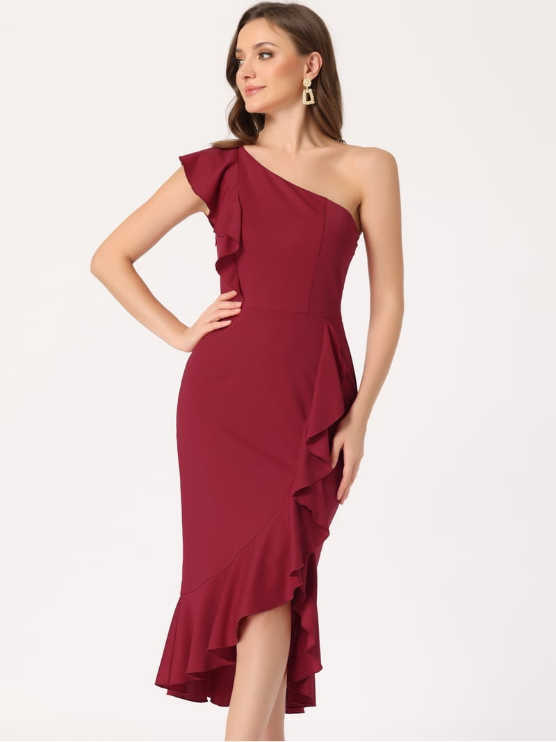 Unique Bargains Women's Midi Casual One Shoulder Mermaid Dress XL Red