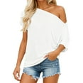 thumbnail image 2 of Huowey Women Tops Casual Shirts Short Sleeve Off The Shoulder Solid Color Deep V-Neck Loose Fit Oversized Fashionable T Shirt Summer Comfort Breathable Relaxed Blouse,White,XXL, 2 of 5