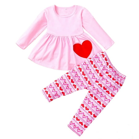 

ZMHEGW Toddler Kids Baby Girls Long Sleeve Valentine S Heart Print Dress + Pants Set Baby Summer Autumn Clothing