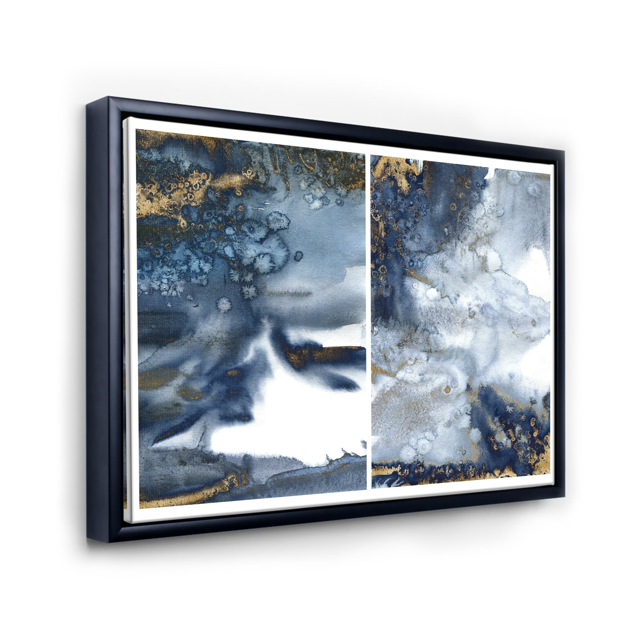 Gold and Dark Blue Abstract Waves IV 32 in x 24 in Framed Painting Canvas Art Print, by Designart