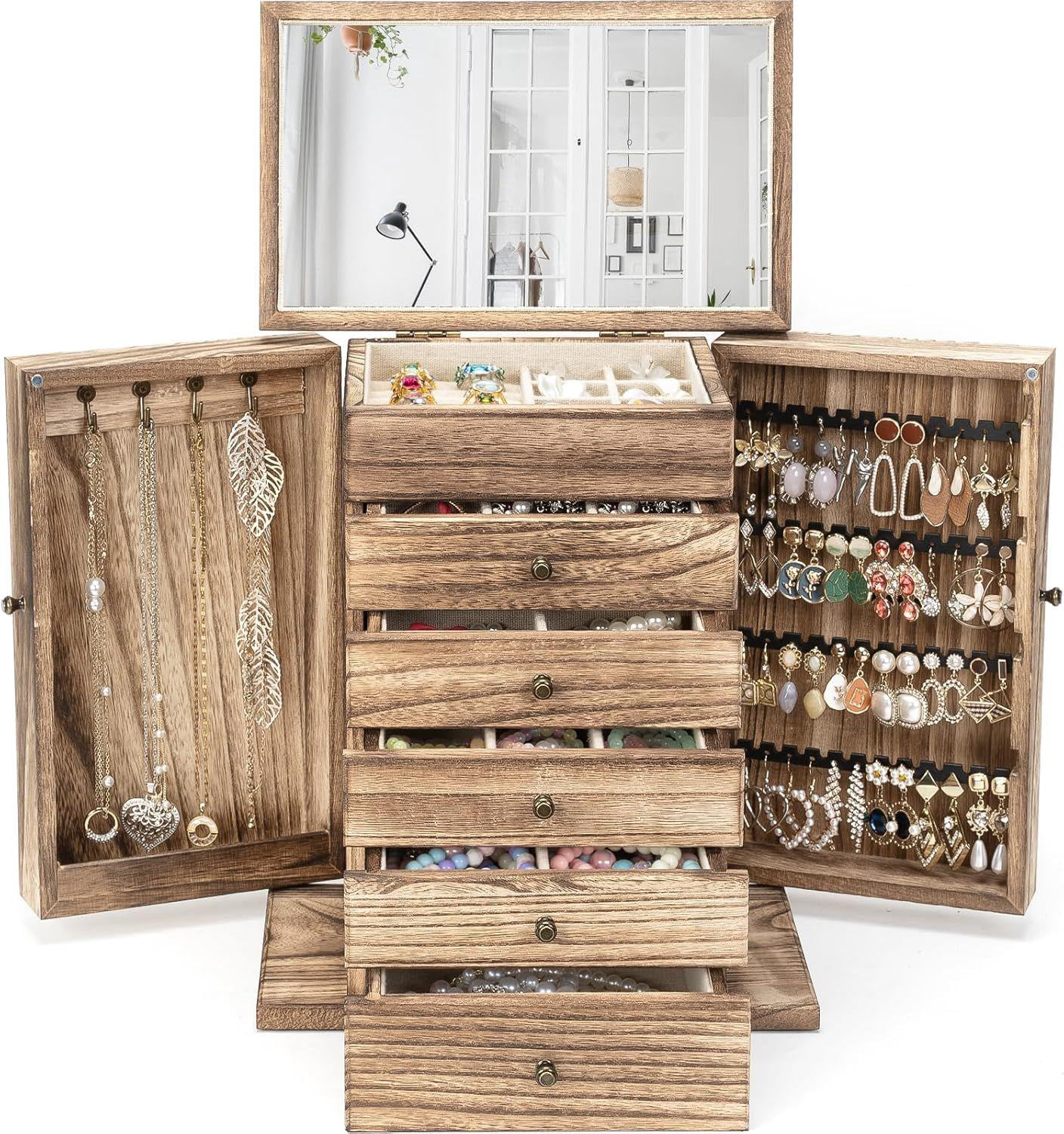Dinmlight  Wooden Jewelry Box for Women, 6-Tier Large Jewelry Organizer Boxes with Mirror Rustic Solid Wood jewlery Storage Display for Rings Earrings Necklaces Bracelets