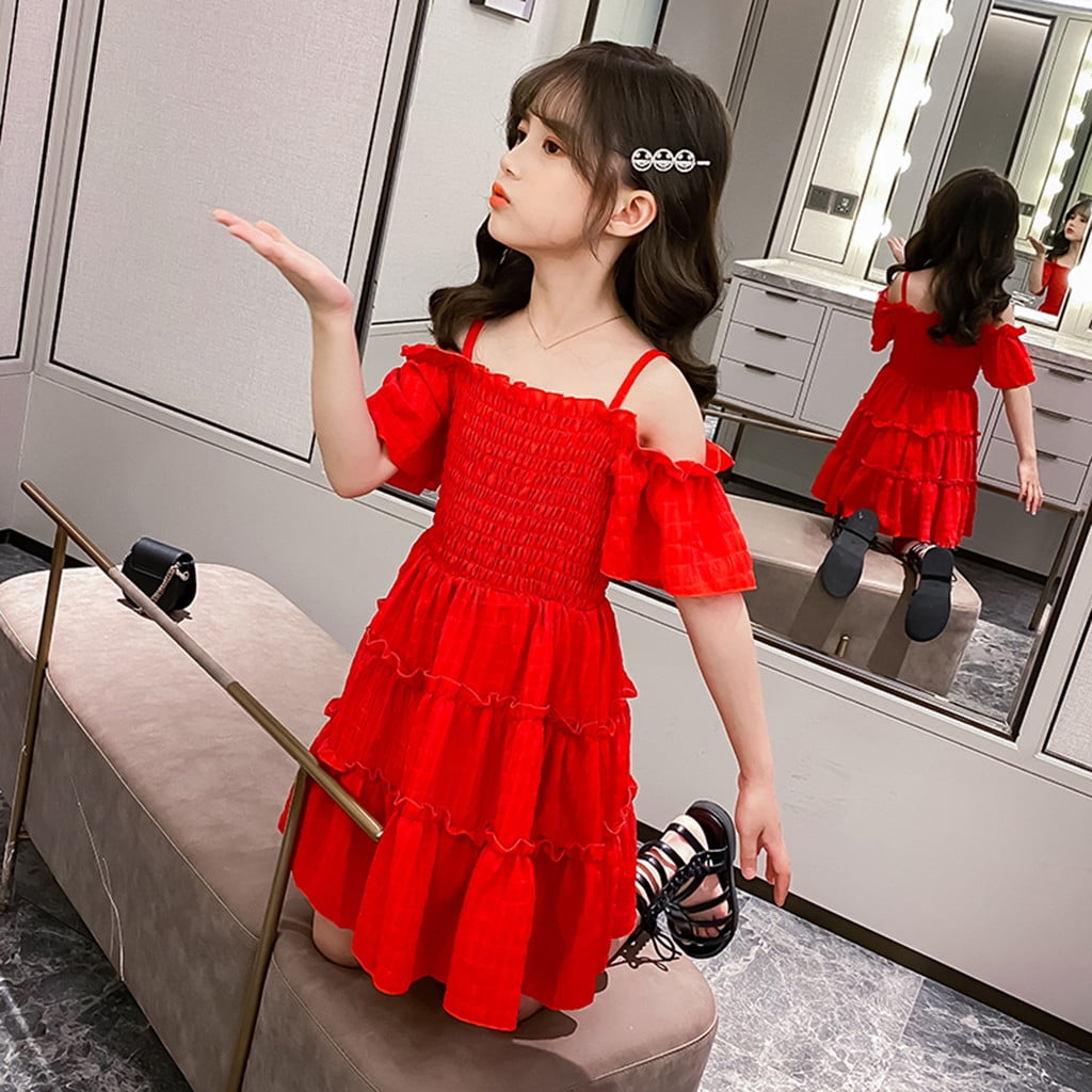 EnJoCho Kids Dress Baby Children Girls Off Shoulder Strap Ruched Solid Princess Dresses Baby Girl Summer Casual Party Dresses 12 13 Years Walmart