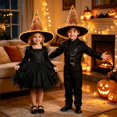 thumbnail image 2 of EliteGoogv Kids Halloween Witch Hat Wide Brim Pointed Hat Printed Pattern Mesh Decor Party Hat for Children, 2 of 5