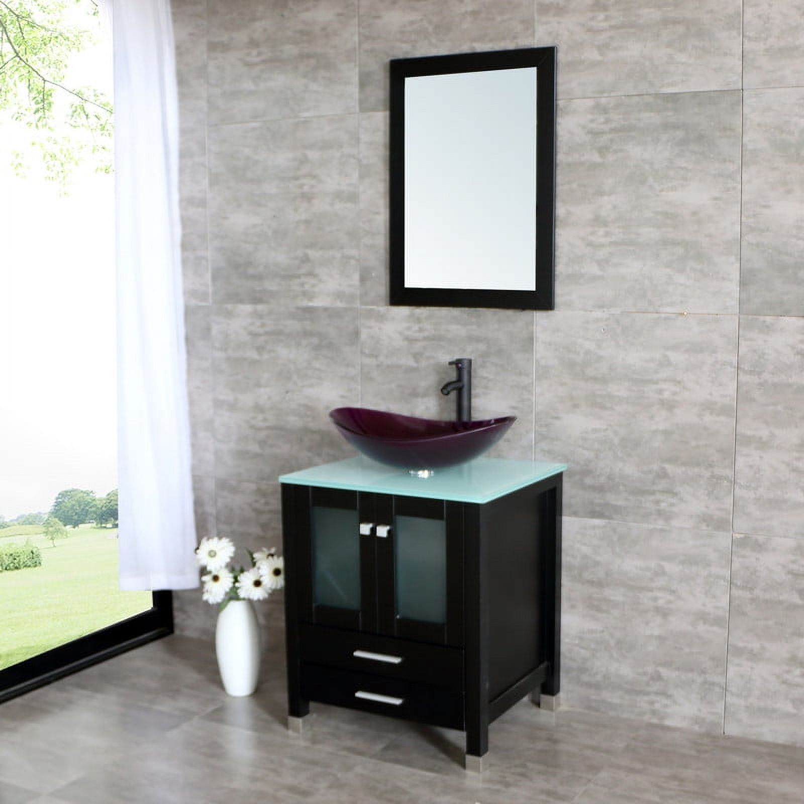 Walsport 24" Luxurious Bathroom Vanity with Purple Tempered Glass Vessel Sink Bowl and Countertop and Mirror and Faucet,Stand Floor Cabinet Bathroom Storage Vanity with Pop Up Drain,Black