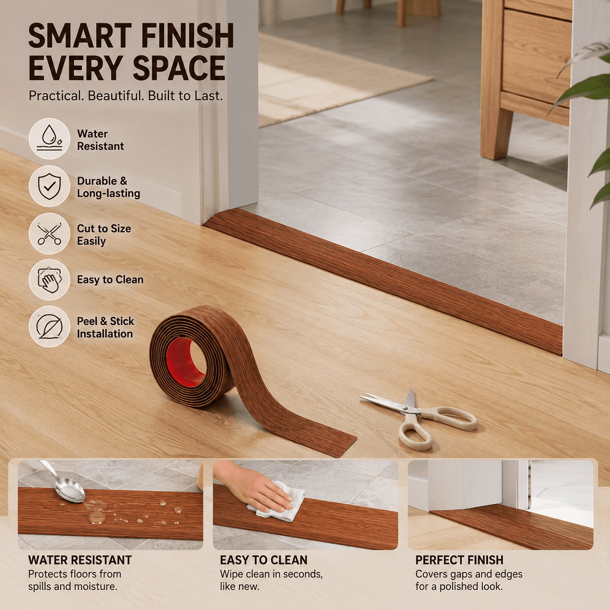 Yeslife 1 pc Self Adhesive Floor Transition Strip, 10 ft x 1.57 in, Cherry Vinyl, Flexible Waterproof Gap Cover for Laminate, Tile and Carpet Flooring