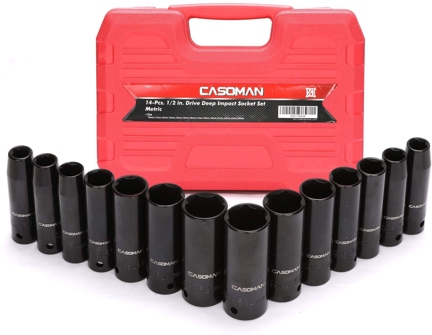 Metric 6-Point 24 mm Cr-V CASOMAN 1/2-Inch Drive Deep Impact Socket Set 14-Sockets Set 10 mm 