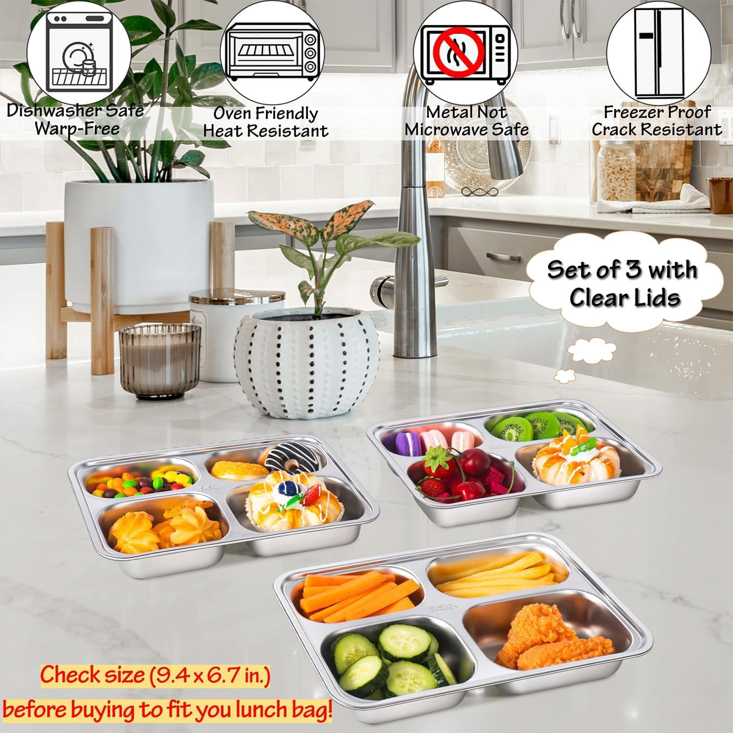 EUZODNAK 3 Pack Stainless Steel Snack Containers with Lids - 4 Compartments Bento Snack Boxes - Reusable Meal Prep Lunch Containers for Adults - Divided Food Storage Containers for Home Travel