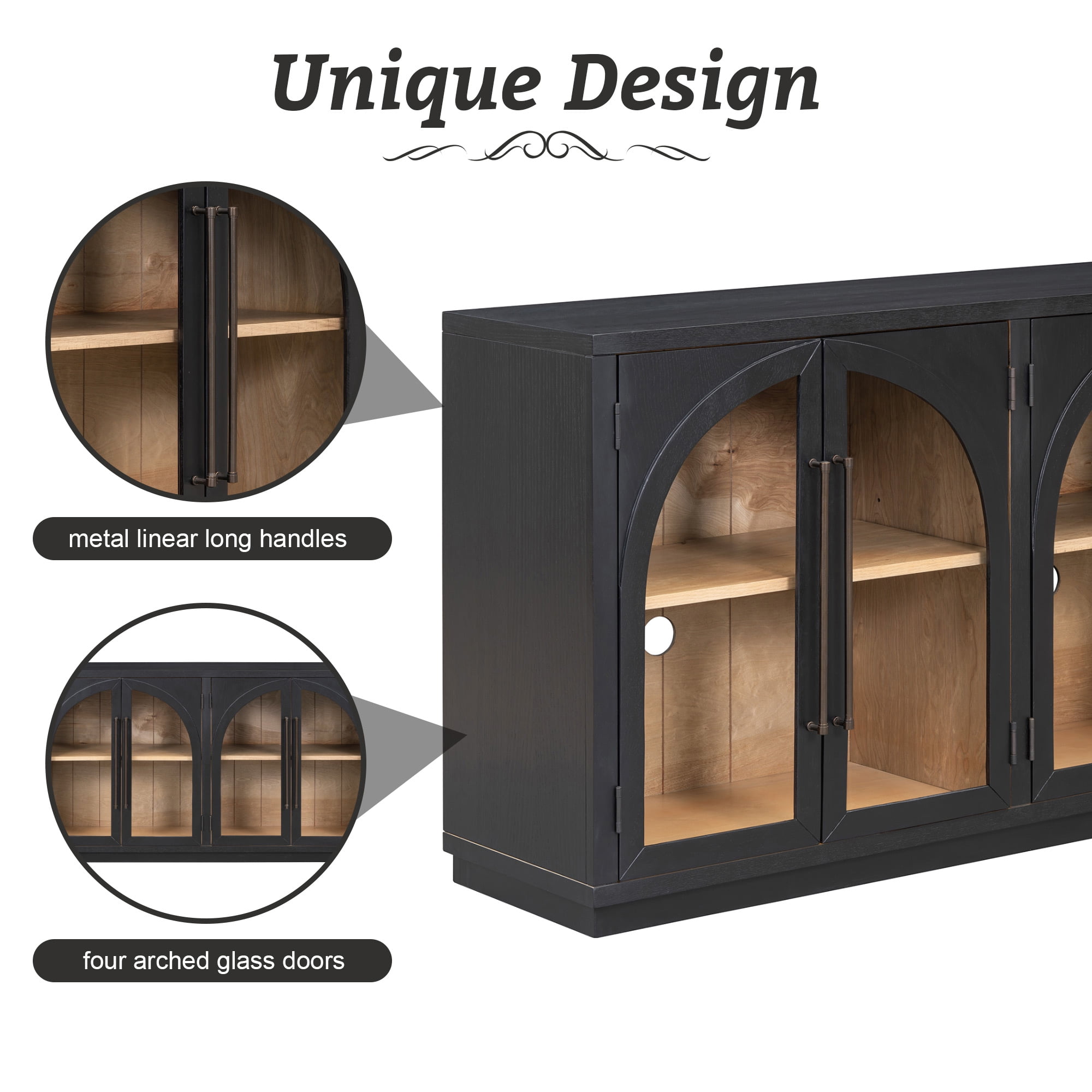 EUROCO 60" Large Sideboard Buffet Cabinet,Storage Cabinet with Glass Doors and Adjustable Shelves,Arched Kitchen Cabinet Display Cabinet for Kitchen, Living Room, Hallway,Black