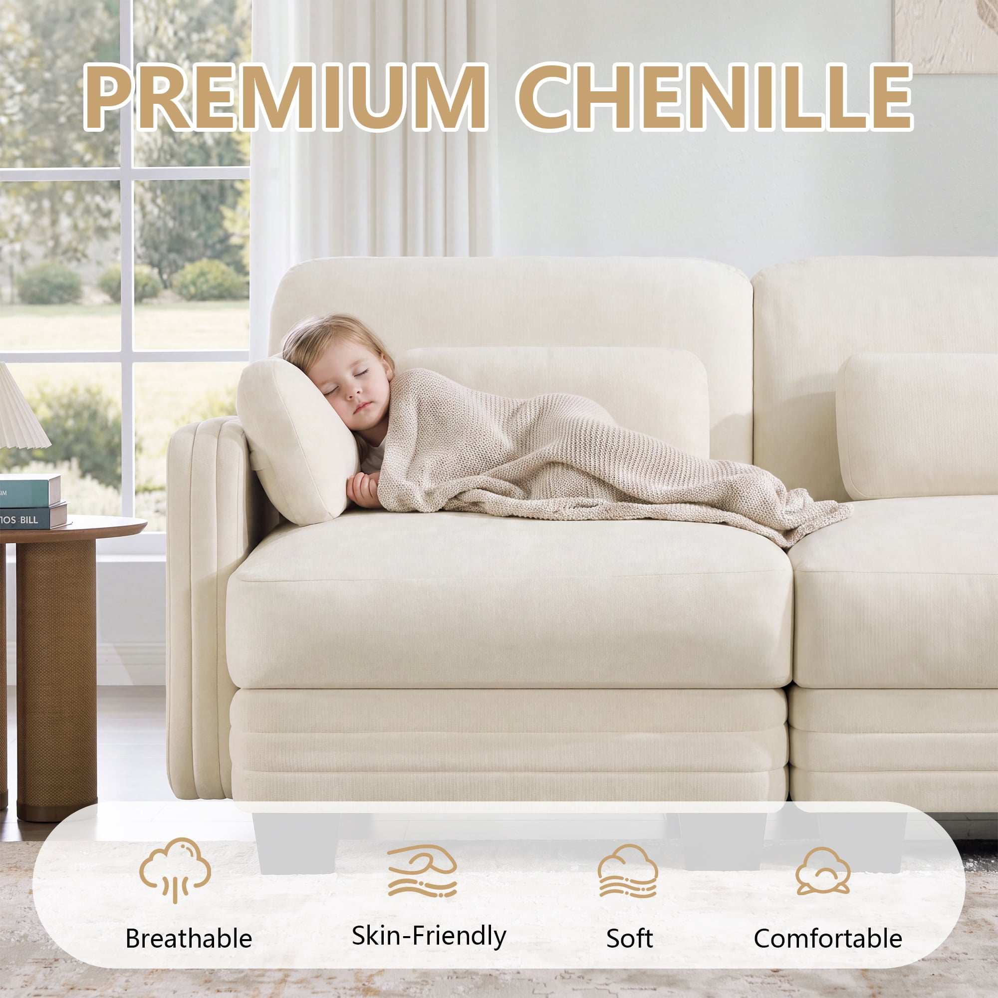 130" L Shape Modern Modular Sectional 4 Seater Sofa Couch with Movable Ottoman and 6 Pillows