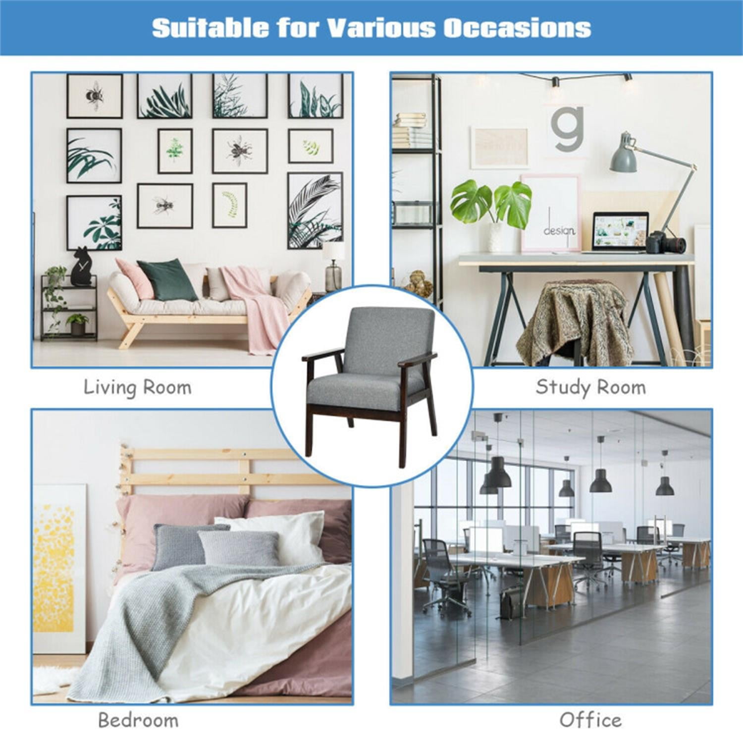 Demi Bonn Mid-Century Modern Accent Chair, Retro Fabric Armchair, Solid Rubber Wood Fabric Accent Armchair, for Living Room, Gray