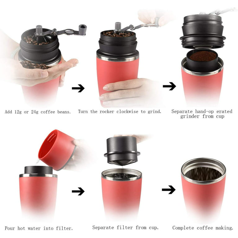 happyline Portable Small Travel Coffee Maker and Coffee Grinder Mug Brewer for Camping Office Outdoor, Size: Large, Red