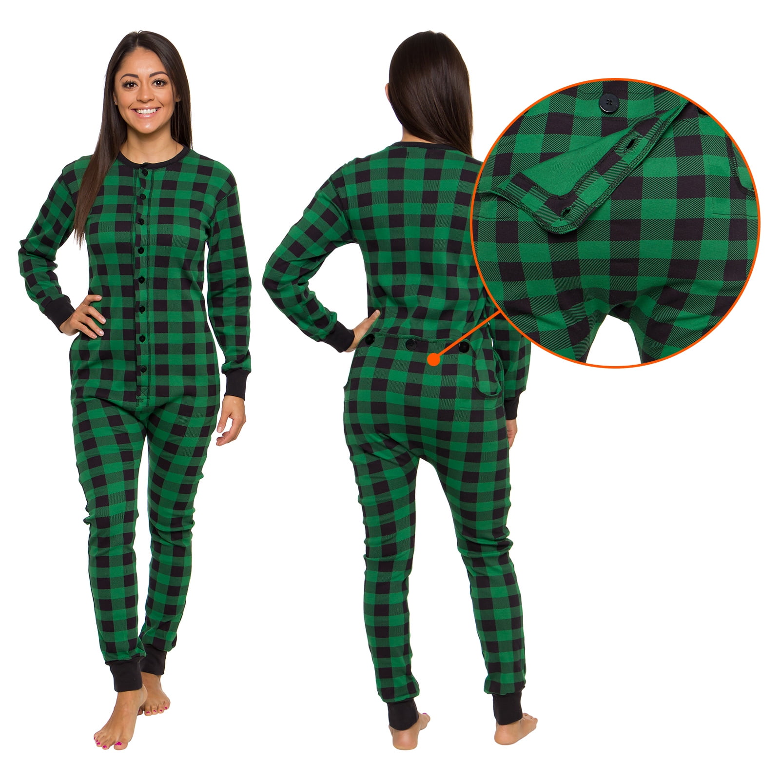 Silver Lilly Buffalo Plaid Women s One Piece Pajamas Adult Unisex Union Suit with Drop Seat Green Black Plaid Large