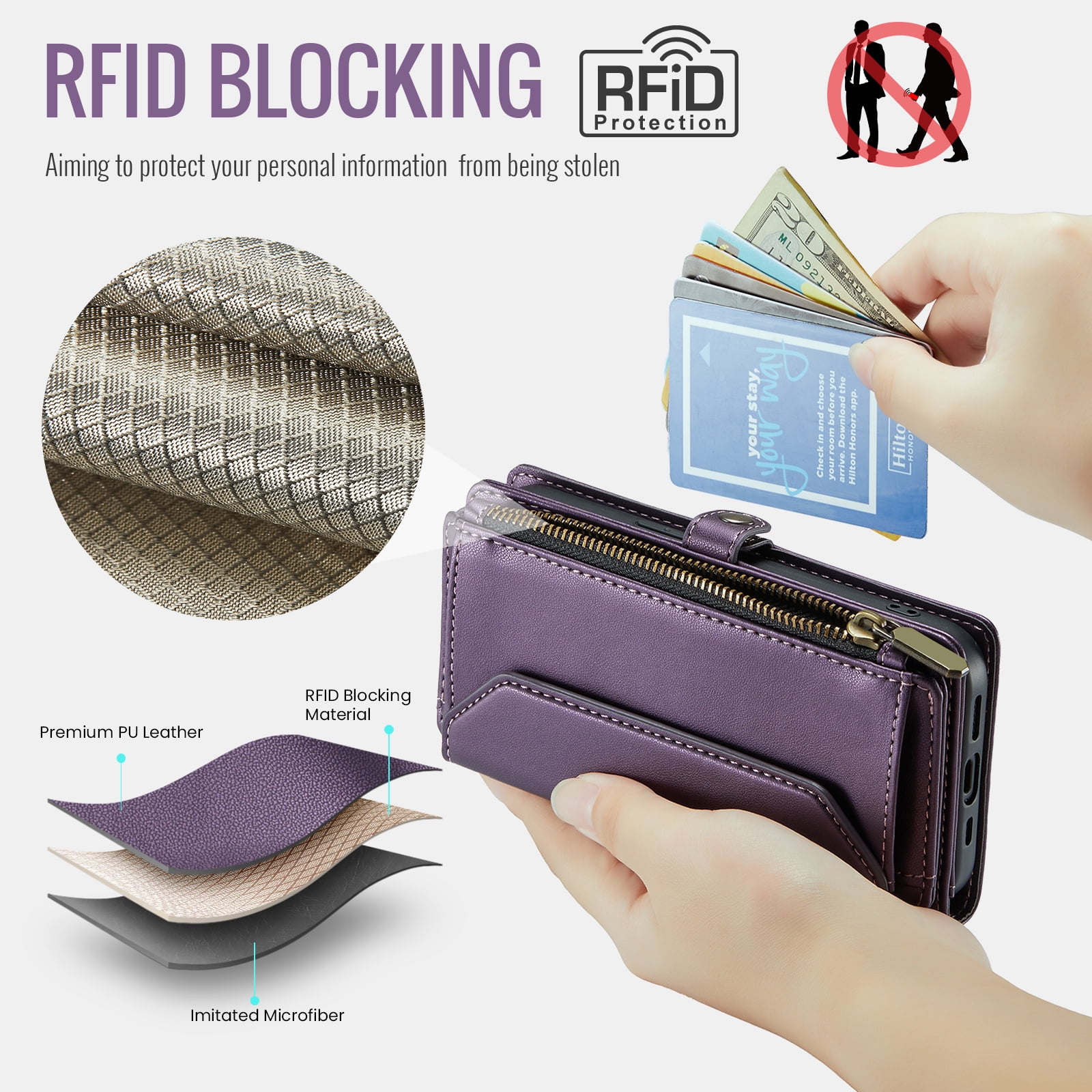 Compatible with iPhone 14 Pro Max 6.7 inch Zipper Wallet Phone Case Tempered Glass Screen Protector Crossbody Lanyard Strap Flip Card Holder Slot Cell Cover for iPhone14promax 5G i 14Max Women Purple