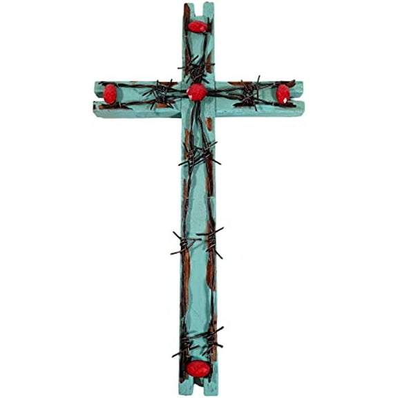 Urbalabs Western 22 Inch Wall Cross Wood And Metal-like Barbed Wire With Red Stones Distressed Wall Hanging Cross Country Wall Decor Room Decoration Office Church Home (Wood and Ruby)