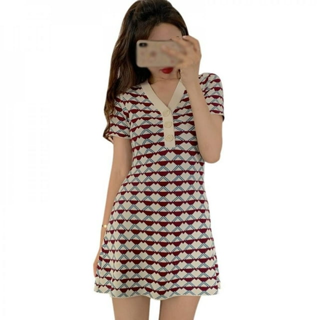 Femmes Coréennes Slim V-neck Manches Courtes Tricot Robe Été Dames Casual Vestidos Rouge