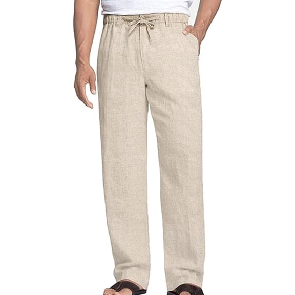 Mens 100% Cotton Linen Dress Pants Casual Elastic Waist Drawstring Lightweight Summer Beach Trousers Business formal officewear Suit Bottoms with Pockets Size 3XL Beige