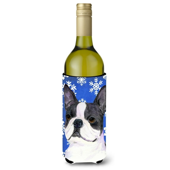 Boston Terrier Winter Snowflakes Holiday Wine Bottle Hugger
