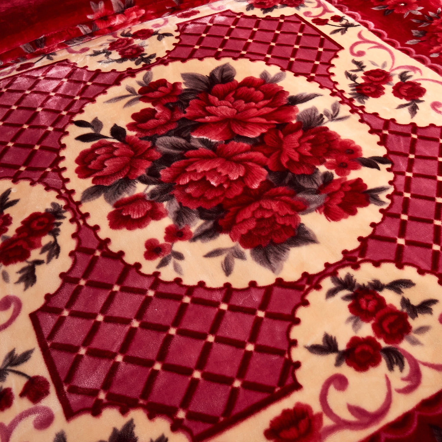 10lbs Heavy Thick A&B Pattern Blanket 2Ply Reversible - Thick Warm Plush Korean Style Bed Blanket, King Size Fleece Plush Blanket, Soft Winter Blanket For Adult 87" x 95", Burgundy Red Flower