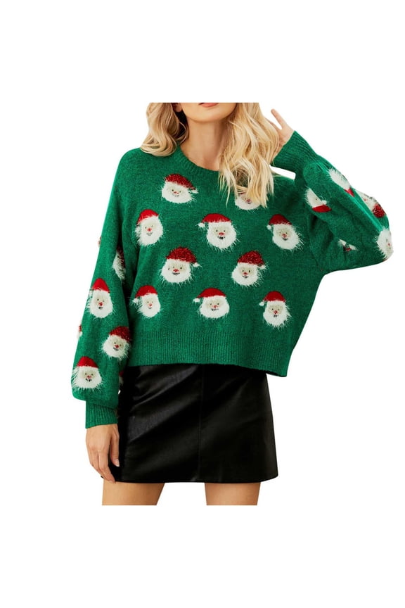 Womens Sweater Round Neckline Pullover Sweater Print Loose Short Length Long Sleeve Christmas Santa Claus Sweater Tops