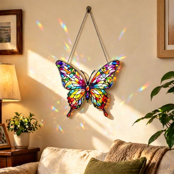 4.3 Inch Stained Glass Style Butterfly Suncatcher, Colorful Acrylic Window Hanging Decor with Chain