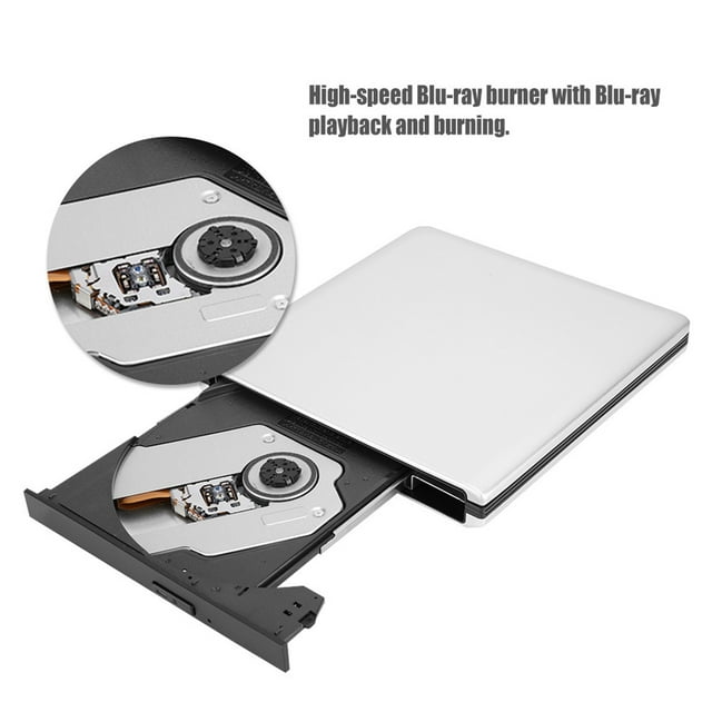 Blu Ray External Blu Ray Drive External Bluray Player Recorder made of durable aluminum alloy, featuring an open tray with visible optical disc mechanism. This high-speed external Blu-ray burner supports playback, burning, and 3D movie compatibility. Designed for desktops, laptops, and all-in-one systems, with foot pads for stability.