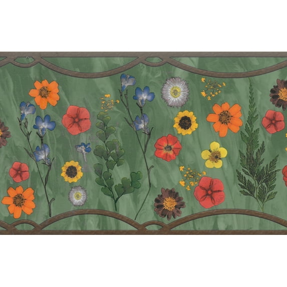 Dundee Deco Prepasted Wallpaper Border - Floral Sage Green, Red, Orange, Yellow, Blue Flowers, 15 ft x 7 in